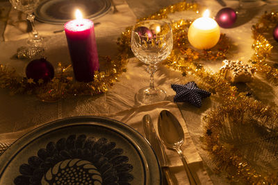 High angle view of christmas decorations on table