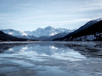 Scenic view of snowcapped mountains against sky during winter