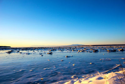 Scenic view of sea against clear blue sky