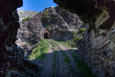 Walkway amidst plants and rock formation