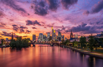 Illuminated city at sunset