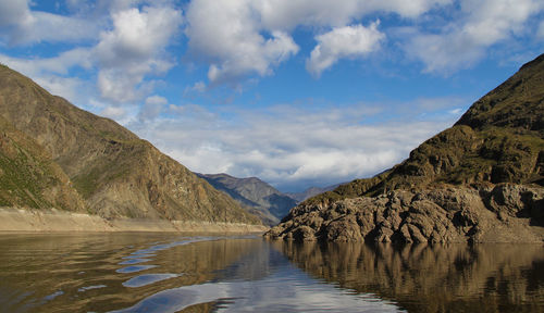 Scenic view of lake and mountains against sky