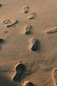 High angle view of footprints on sand