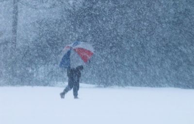 Person walking on snow covered land