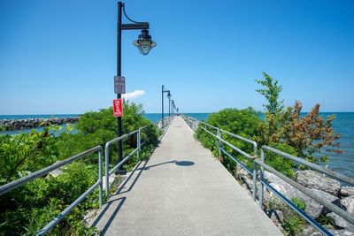 Street light by plants against clear blue sky near lake erie 