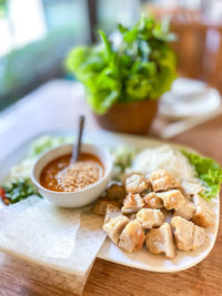High angle view of food in bowl on table
