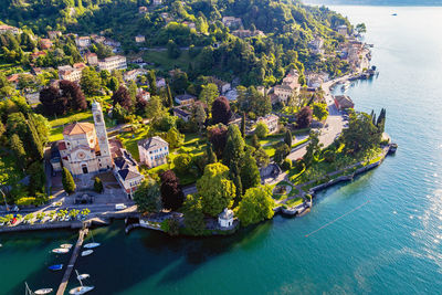 High angle view of trees by sea against buildings