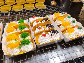 High angle view of dessert on table