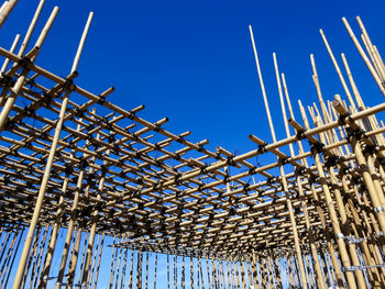 Low angle view of crane against clear blue sky