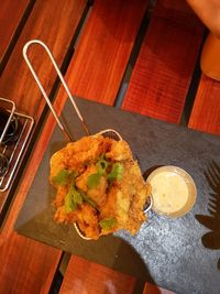 High angle view of food in plate on table