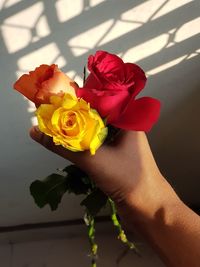 Close-up of hand holding rose bouquet