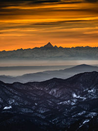 Scenic view of mountains against sky during sunset