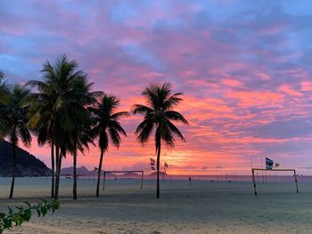 Palm trees on beach against sky during sunset