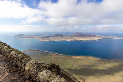 Scenic view of sea and mountains against sky