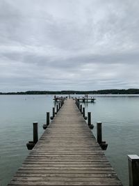 Wooden pier over lake against sky