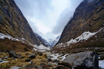 Scenic view of snowcapped mountains against sky