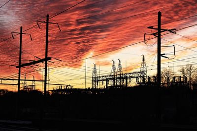 Electricity pylon against sky at sunset