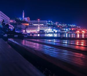 Illuminated city buildings at night