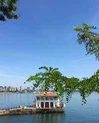 Scenic view of river by building against sky