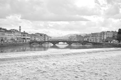 Bridge over river with city in background