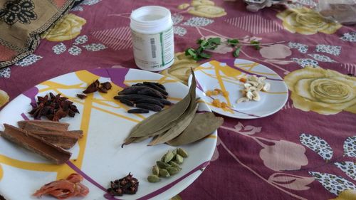 Close-up of cake served on table