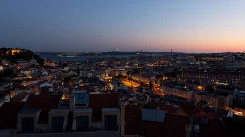 High angle view of townscape against sky at night