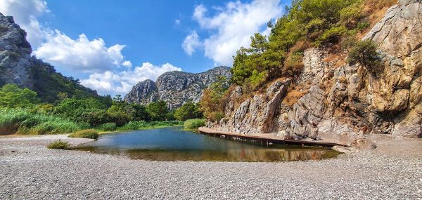 Scenic view of lake and mountains against sky