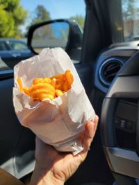 Cropped hand of person holding food curly fries