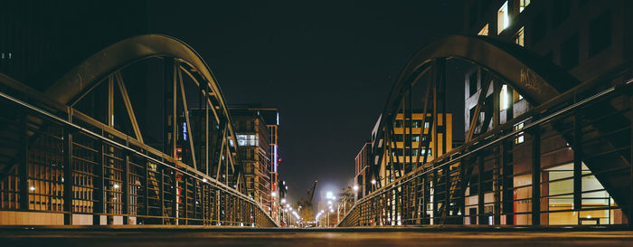 Panoramic view of illuminated bridge against sky at night