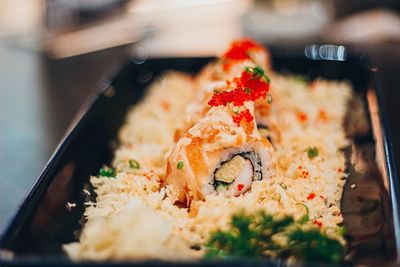 Close-up of meal served on table
