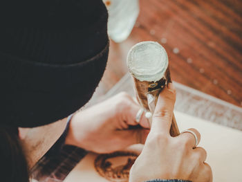 High angle view of man working