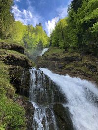 Scenic view of waterfall in forest against sky