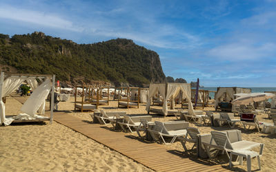 Sun bed benches in the cleopatra beach located in alanya, antalya, turkey