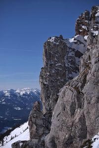 Scenic view of snowcapped mountains against clear sky