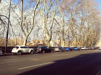 Cars on road against sky in city