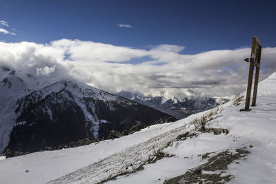 Scenic view of snow covered mountains against sky