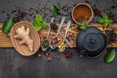 High angle view of vegetables on table