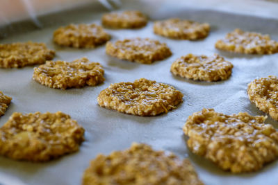 High angle view of cookies in plate