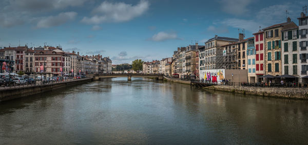 Buildings by river against sky in town