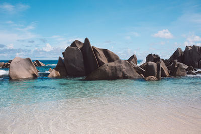 Scenic view of rocks in sea against sky