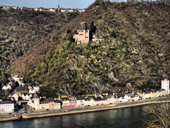 Scenic view of river and buildings against mountain