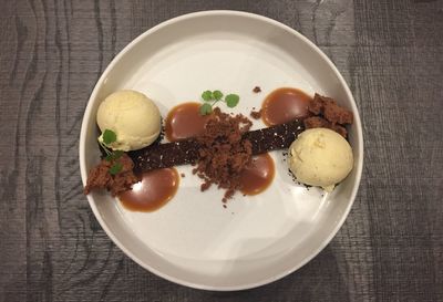 High angle view of ice cream in bowl on table