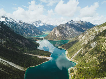 Scenic view of lake and mountains against sky