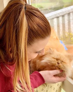 High angle view of woman petting cat by window at home