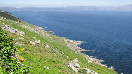 High angle view of sea and mountains