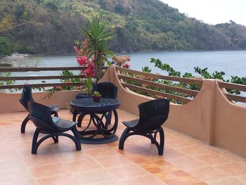 Potted plant on table by balcony against sea