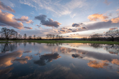 Scenic view of lake against sky during sunset