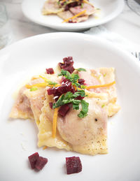 High angle view of dessert served in plate