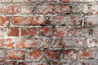 Close-up front view background fragment of an old red brick wall with traces of plaster. 