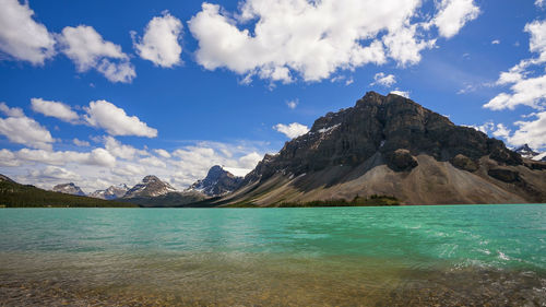 Scenic view of bow lake against sky at banff national park